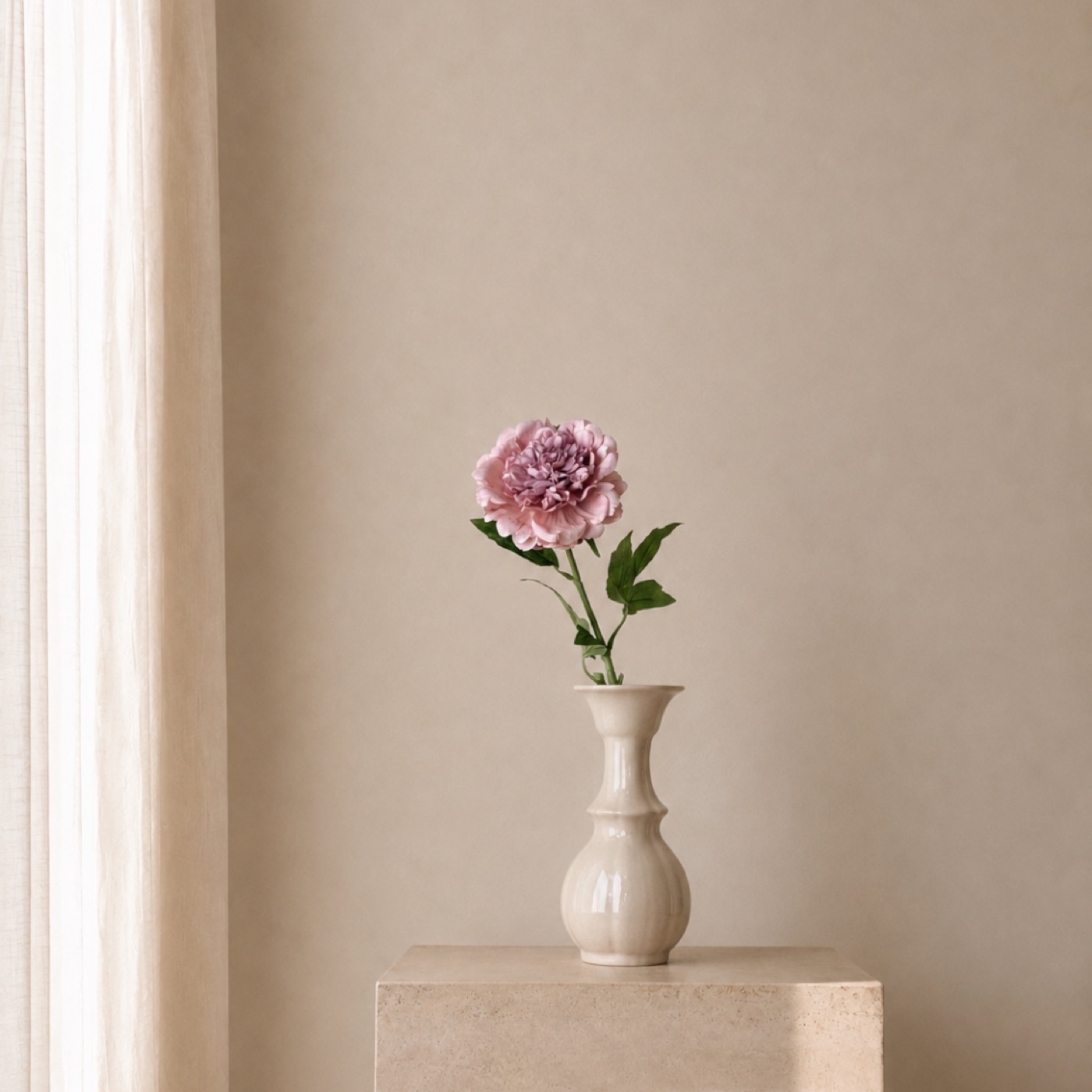 Faux Peony-Hibiscus Stem, Single Bloom (Light Brown)