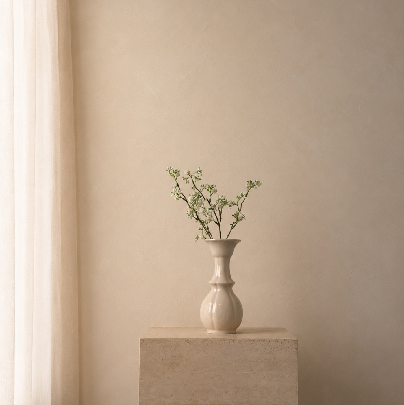 Faux Mimosa & Globe Thistle Stem (White)