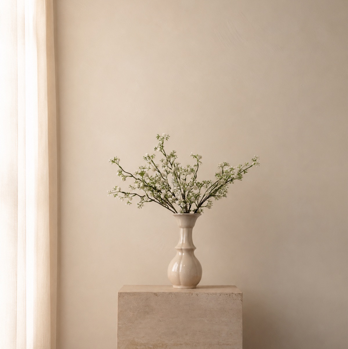 Faux Mimosa & Globe Thistle Stem (White) — detail 2