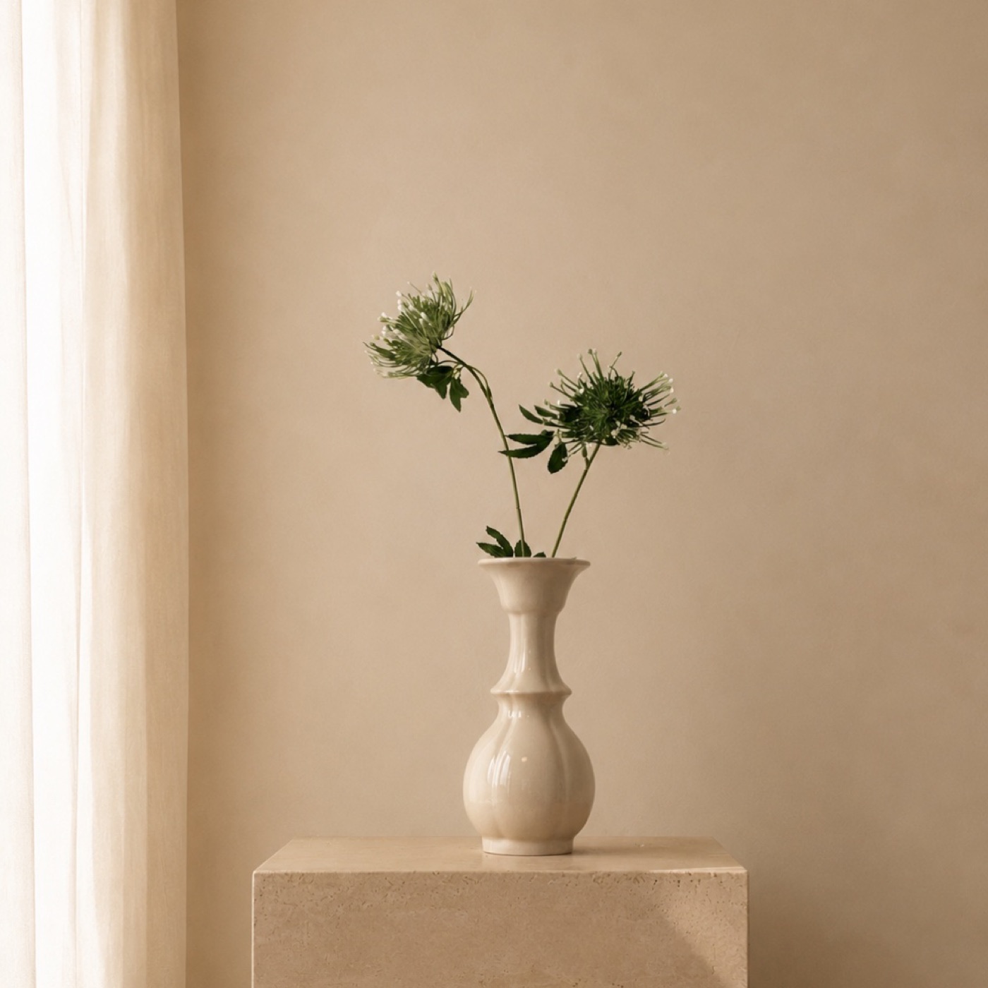 Faux Pincushion Protea & Firework Chrysanth Stem (Green)