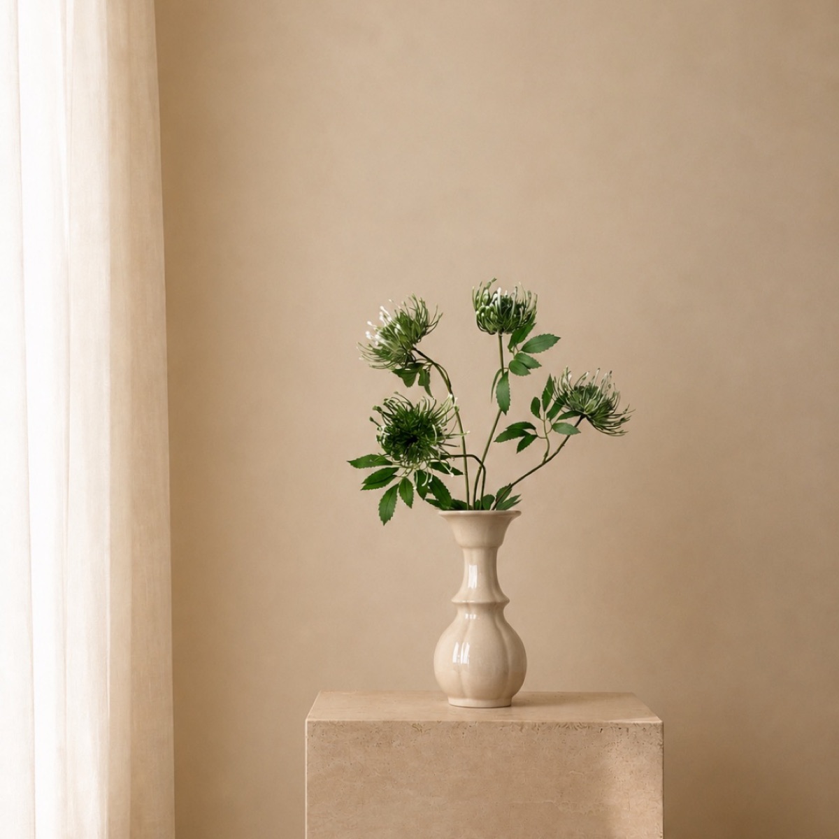Faux Pincushion Protea & Firework Chrysanth Stem (Green) — detail 3