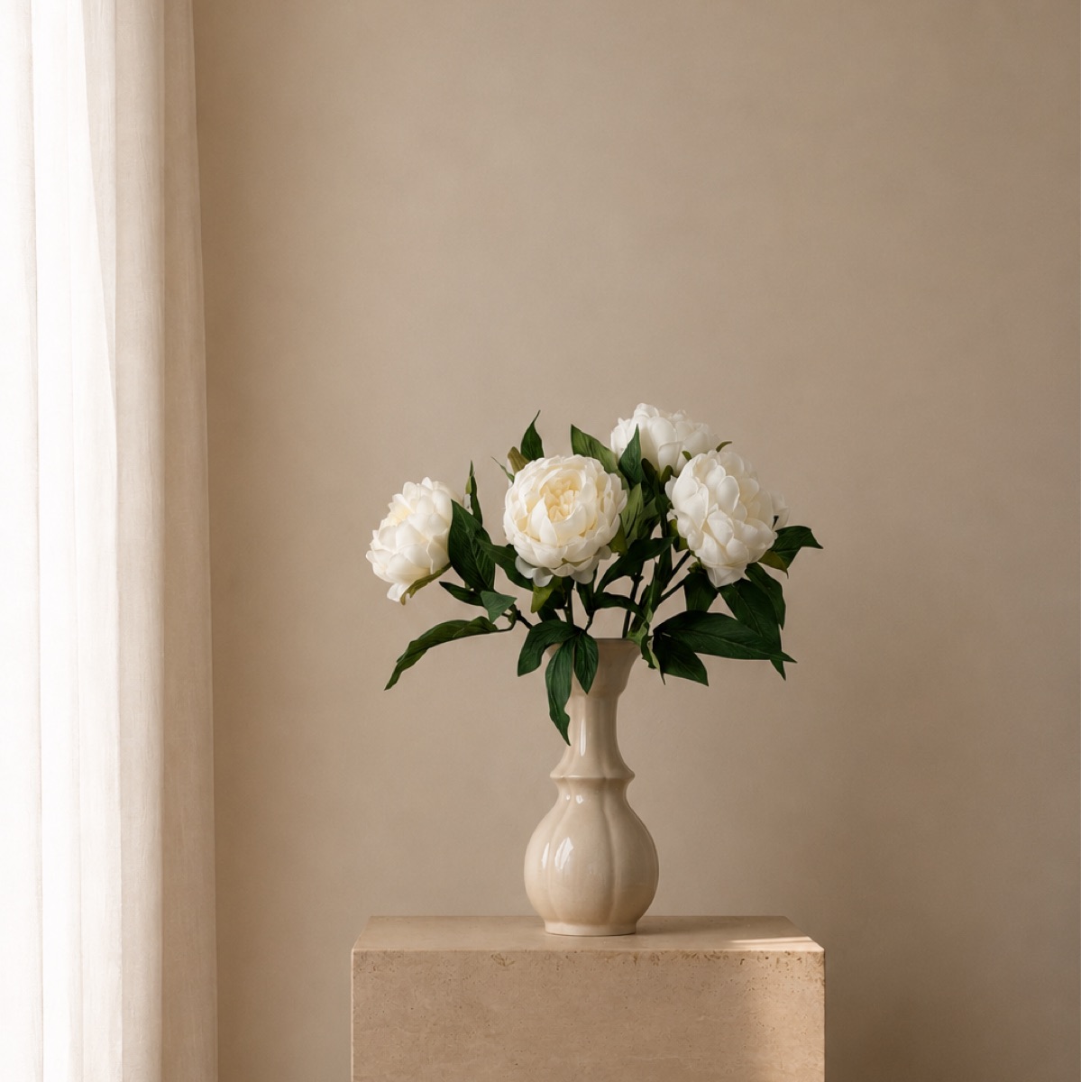 Faux Hibiscus Peony Spray, 3-Bloom, Short Stem (White) — detail 2