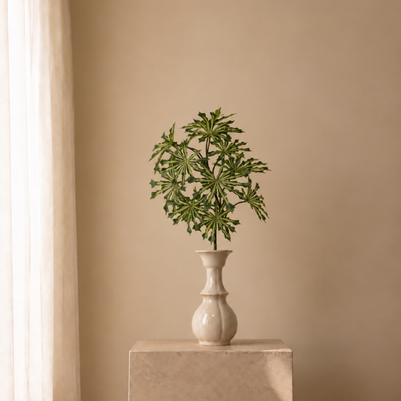 Faux Tapioca Leaf Stem, Small (White & Green)